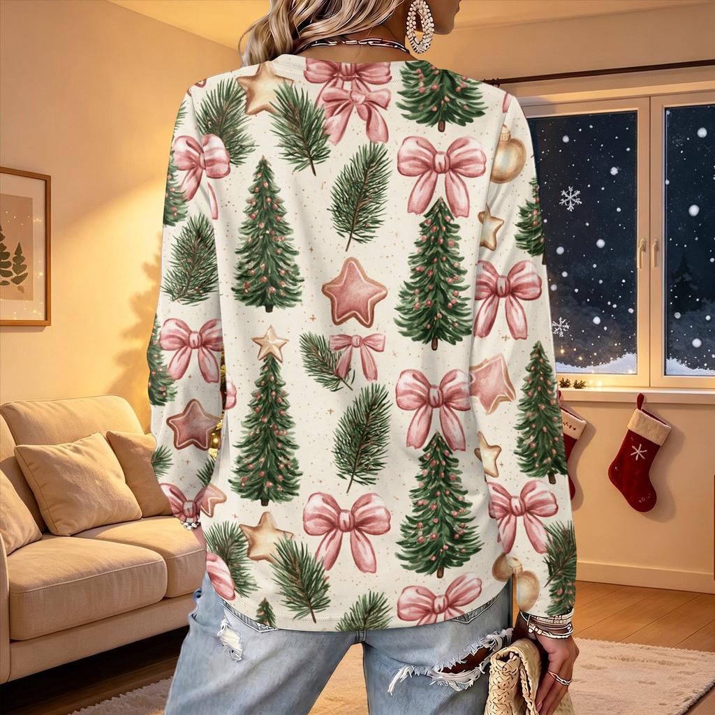 Women's V-Neck Long Sleeve Christmas Printed Lightweight Top for Spring and Summer