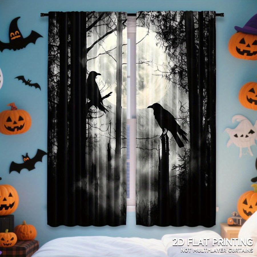 2PCS Digital Printed Curtains, Black White Forest Two Crows Full Moon Mist, Gothic Dark Woodland Silhouette Window Decor Room
