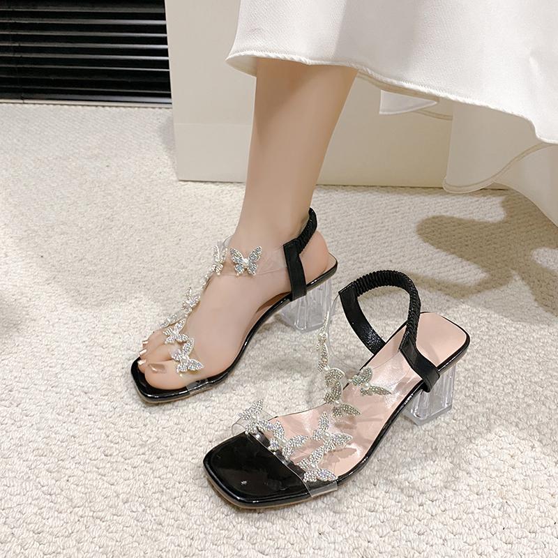 Rhinestone Women's Sandals 2025 Summer Fashion Versatile Outdoor High-heeled Women's Shoes Elegant Large Size Formal Women Shoes