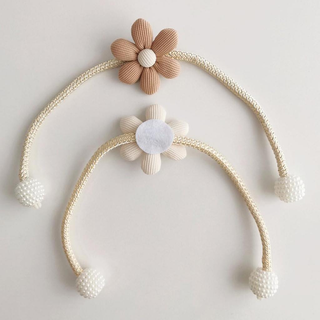 Elegant Adjustable Curtain Ties with Charming Floral Embellishments and White Faux Pearls - Easy No Drill Installation, Perfect for Bedroom