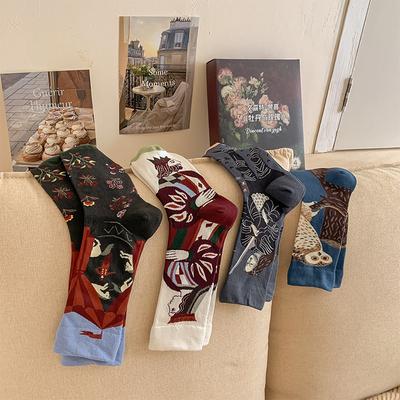 French Women'S Tide Socks French Retro Maillard Color Oil Painting Tube Socks European Women'S Socks