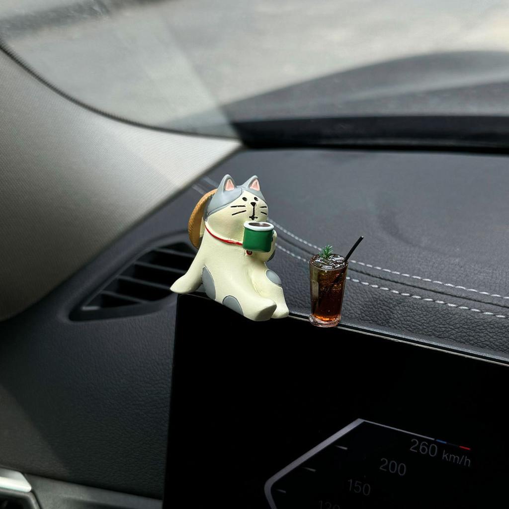 Cute Sunny Cat Coffee Themed Car Desktop Decor Dashboard Display Ornament Center Accessory Decorative Vehicles Fishion Crafts