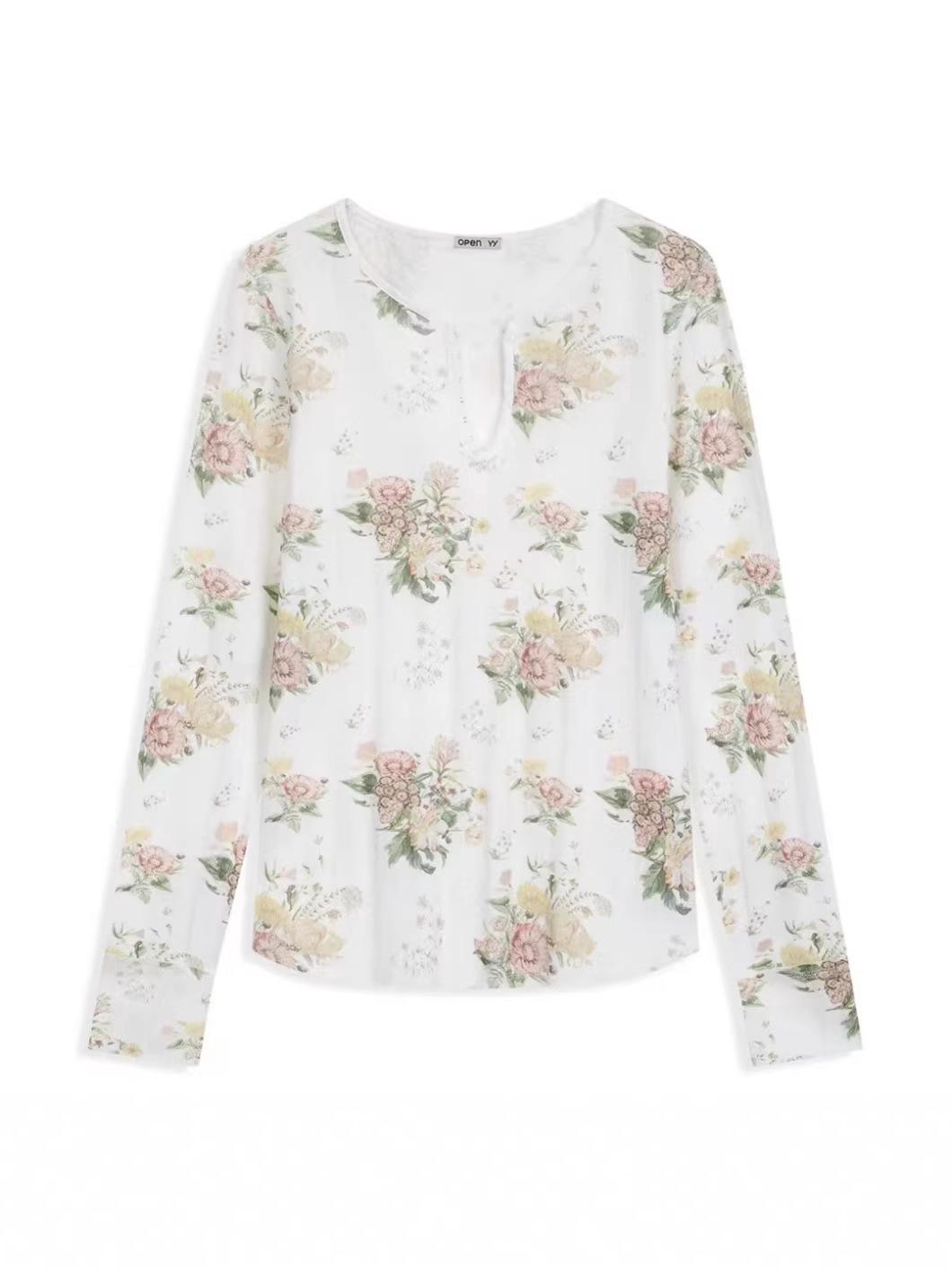 

YB Custom Dyed White Floral Crochet Henley Long Sleeve T-shirt for Women Medium