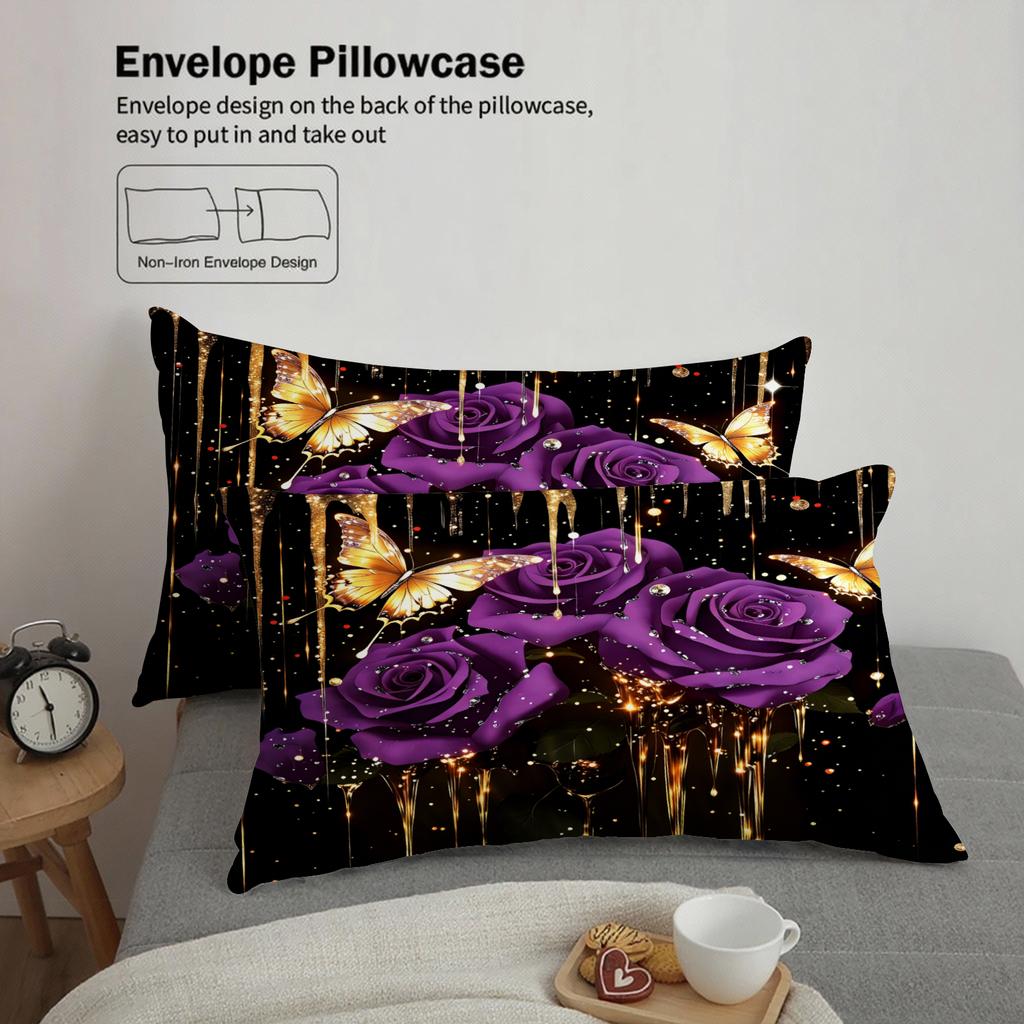 Purple Rose And Butterfly Print Bedding Set Black With Gold Accents Bedding Set With Duvet Cover & Pillowcases For Bedroom Decor