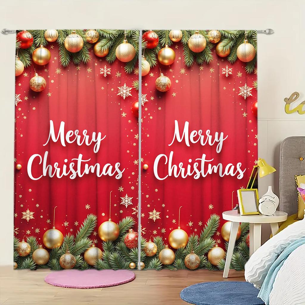 2pcs Merry Christmas Printed Curtain for Christmas Home Decor - Rod Pocket Window Treatment for Bedroom,Office,Kitchen