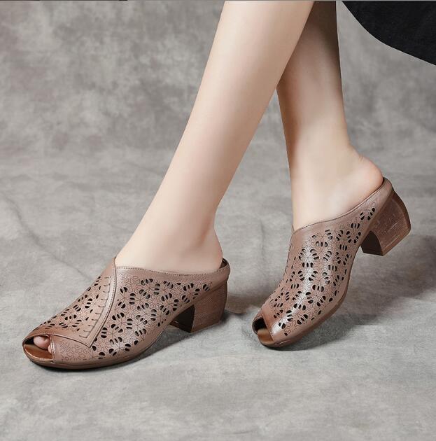 Summer New Genuine Leather Slippers Women's Retro Ethnic Style Thick Wedges Shoe Fish Mouth Mom Slippers Women Hollow Sandals