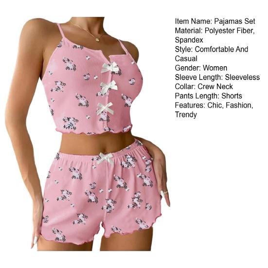 Damen-Pyjama-Set Gerippt Floral Rüschen 2-teilig Nachtwäsche Crop Cami Top und Shorts Weiche Pyjamas Loungewear Set
