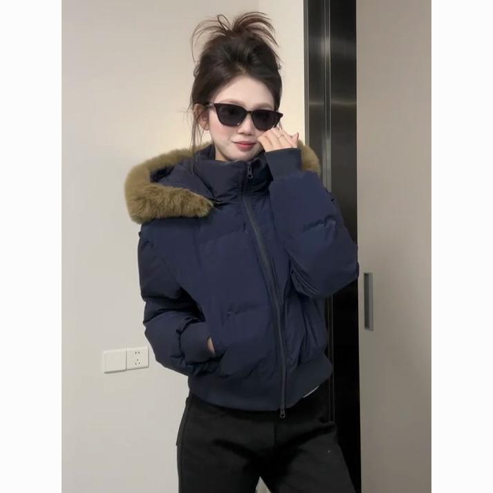 Women's Winter Retro Navy Blue Hooded Cotton-Padded Jacket - Thick & Warm Design