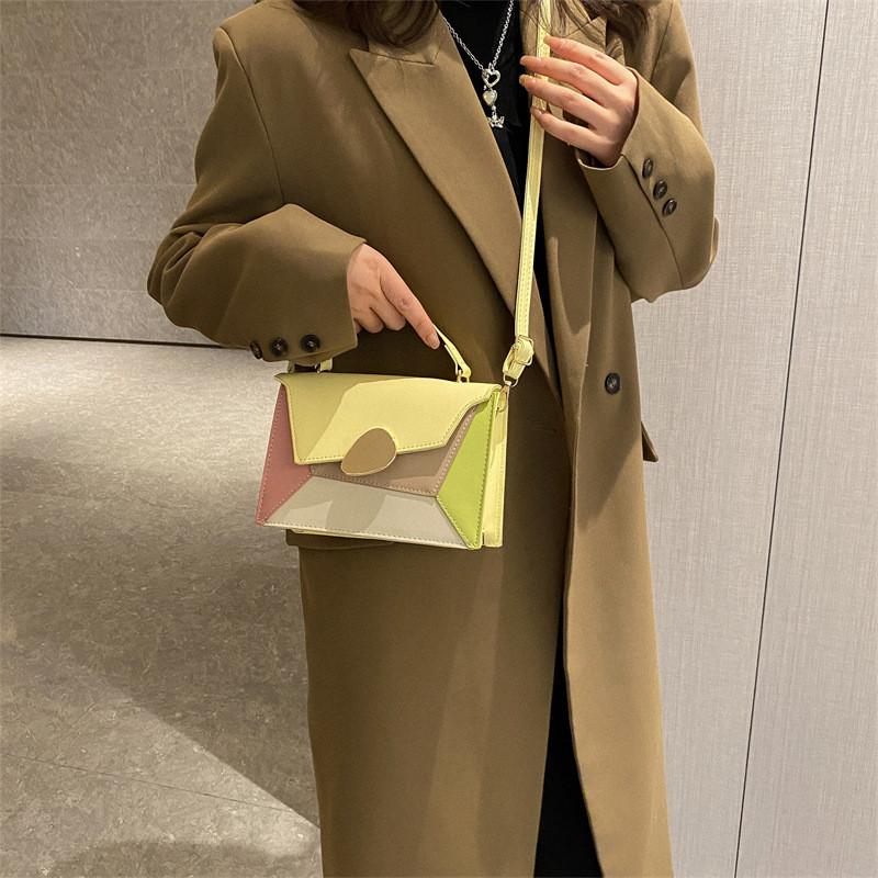 Stylish Small Square Bag For Autumn Trendy Color Block Shoulder Tote In Black Brown Blue Yellow