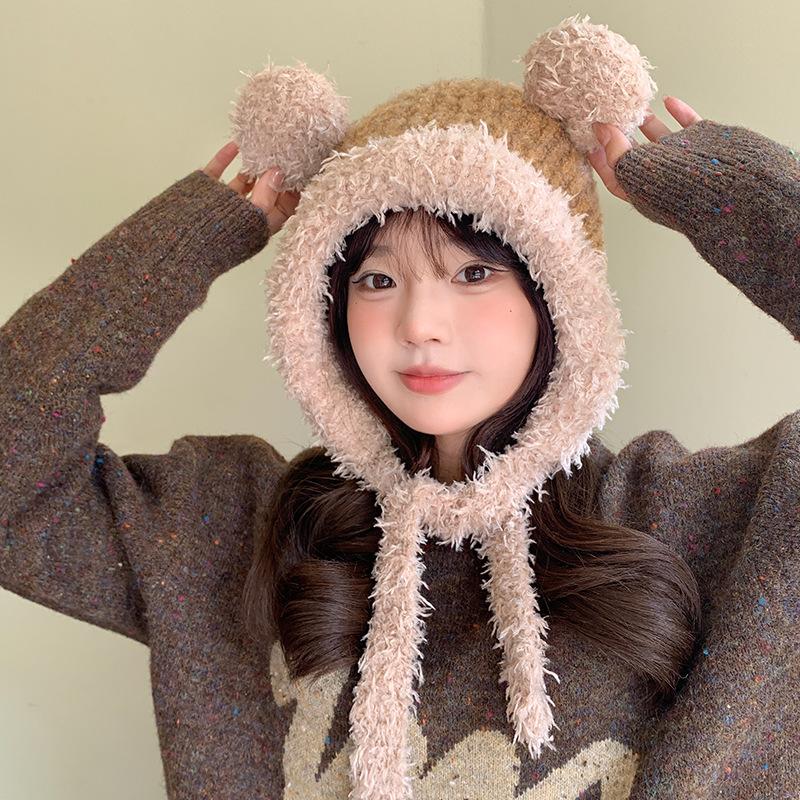 

Шапка с медвежьими ушками Женская Осень и Зима Новая Корейский стиль Милая Утолщенная Теплая Плюшевая Шапка Велоспорт Защита ушей Шапка Лей Фэн M（54-58cm）