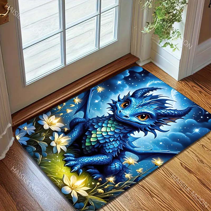 Mehrere Größen Blauer Drache mit leuchtenden Blumen Druck Teppich für Wohnzimmer Schlafzimmer Sofa Fußmatte Heimdekoration Rutschfeste Matte