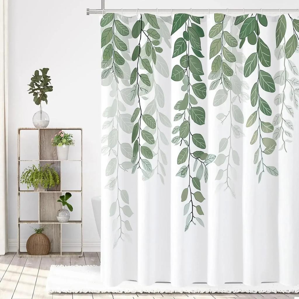 Green Plant Leaves Print Shower Curtains Watercolor Boho Floral Waterproof Morden Bathroom Bathtub Curtain Room Decor With Hooks
