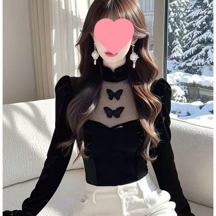 Elegant Black Velvet Mesh Splicing Top for Women - Autumn/Winter Stylish Base Layer