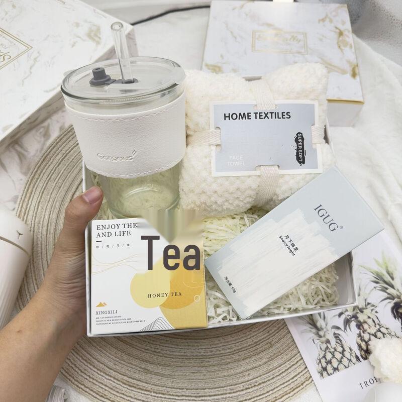 Practical Gift Set with Glass Cup, Tea, Towel, and Hand Cream