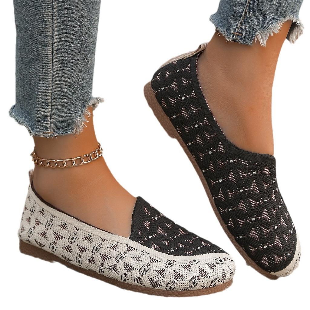 2025 Spring and Summer New Knitted Single Shoes Shoes One Pedal Large Size Hollow Breathable Casual Single Shoes Shoes Shallow Mouth