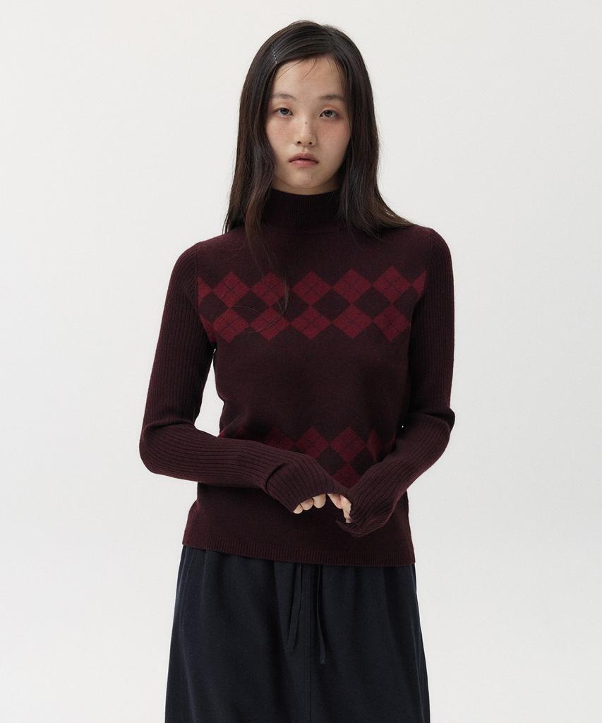 Ohesio Argyle Half Neck Ribbed Knit, Burgundy