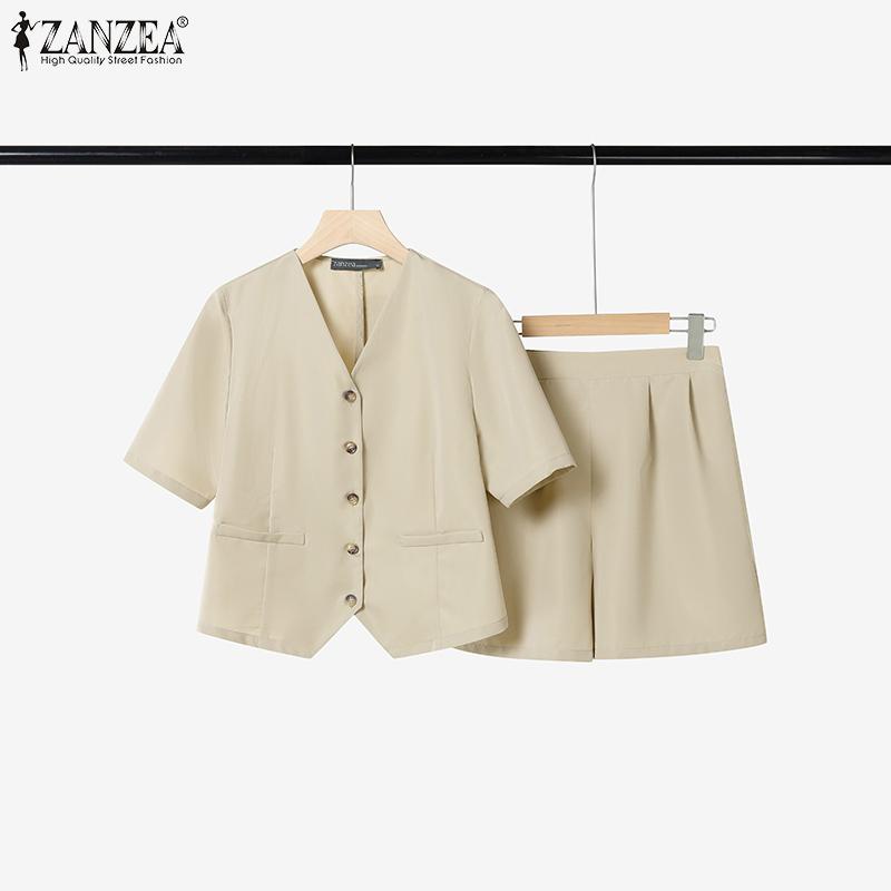 ZANZEA Women Short Sleeve Blouse and Shorts Summer Two Piece Suit Sets