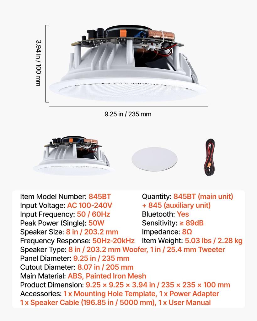 Bluetooth Ceiling Speakers, 203.2mm, In Ceiling & In-Wall Speaker System with Amplifier, 2-Way Flush Mount Speakers, for Damp Humid Placement, Home