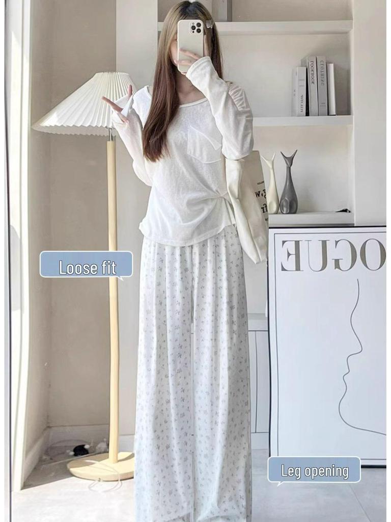 Women's Summer Floral Wide-Leg Pants: High-Waisted, Elastic Waist, Mori Style, Petite 145-150, Casual & Loose.