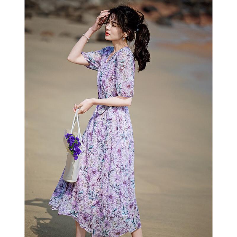 Demana 'Blossom Radiance' Printed Chiffon V-Neck Belted Irregular Hem Dress
