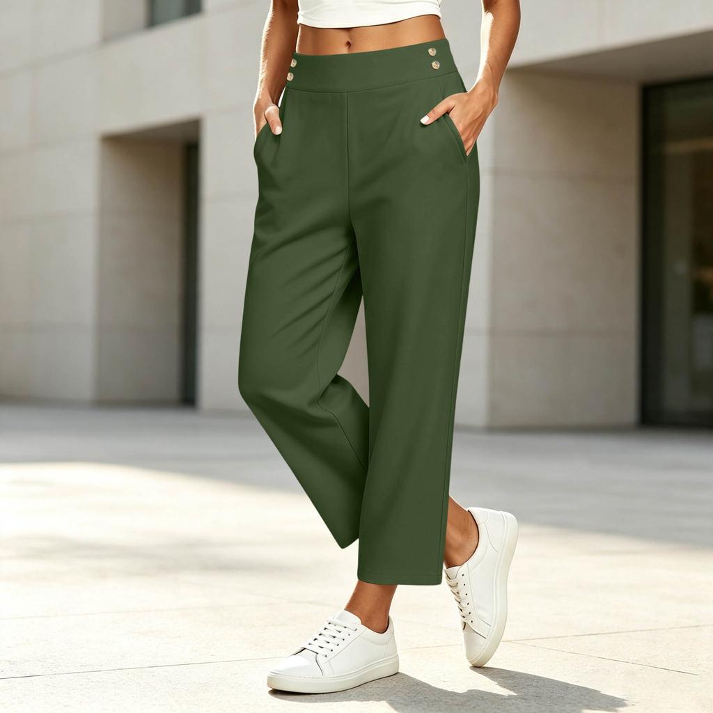 Women's High Waisted Loose Fit Yoga Pants with Pockets and Button Straight Leg Casual