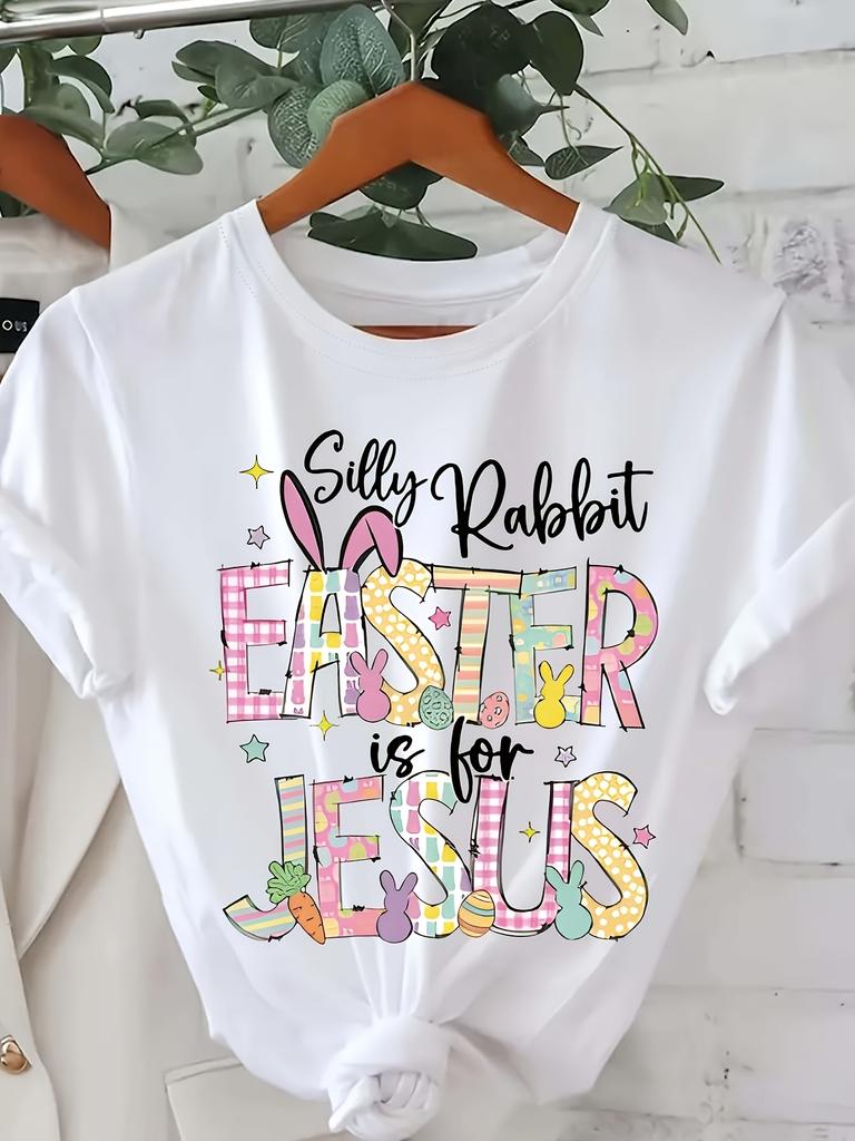 Slim Fit Short Sleeve Round Neck Top for Women Featuring a Floral Pattern And an Easter Bunny Design
