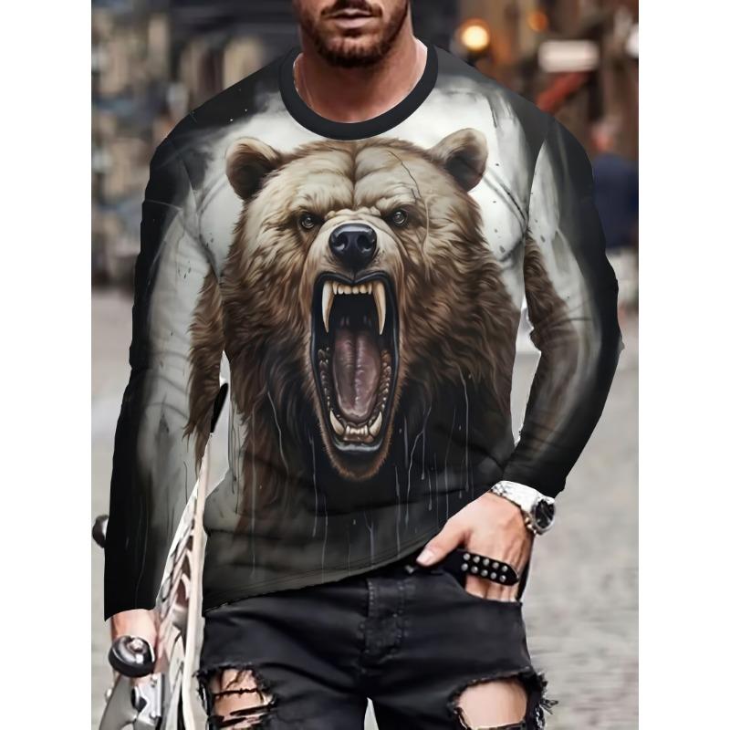 Creative Animal Pattern 3D Print Men's Long Sleeve T-Shirt Tiger Lion Bear Graphic O-Neck Tees Autumn Daily Casual Men Clothing
