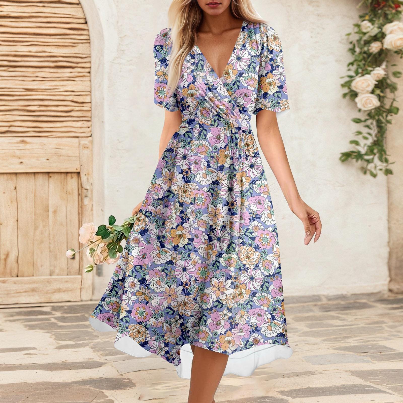 

Женское летнее свободное платье с V-образным вырезом и коротким рукавом, элегантное платье S фиолетовый