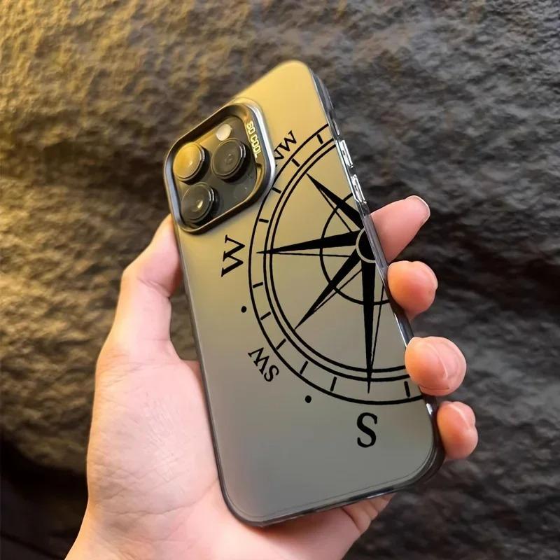 Fashion Vintage Compass Phone Case for iPhone 16 12 13 Mini 11 14 15 Pro Max XR 8 Plus Sturdy Hard IMD Plastic Shockproof Cover_
