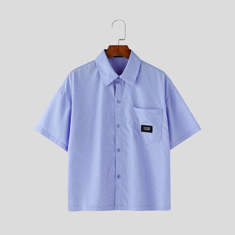 

INCERUN Men Oversized Lapel Neck Summer Striped Buttons Up Casual Loose Shirts 4XL синий
