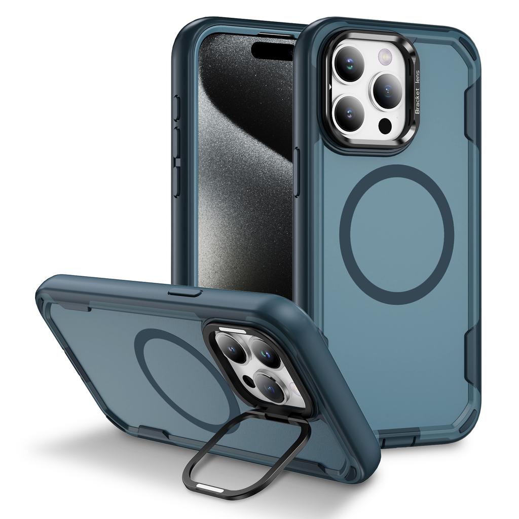 For iPhone 15 Pro Case Compatible with MagSafe Lens Frame Kickstand TPU+PC Shockproof Phone Cover