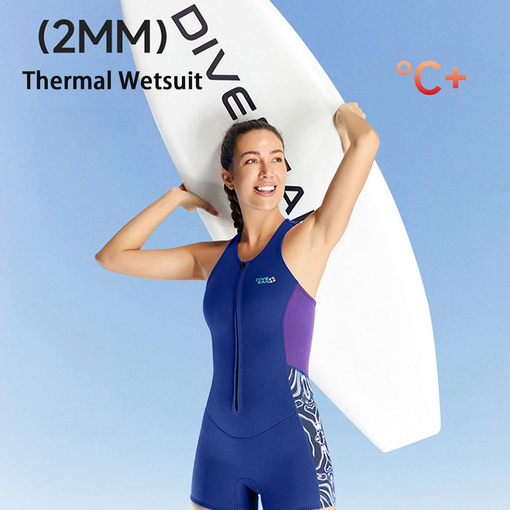 Women One Piece Shorty 2mm Neoprene Swimsuit Diving Shorty Suit with Front Zipper for Swimming