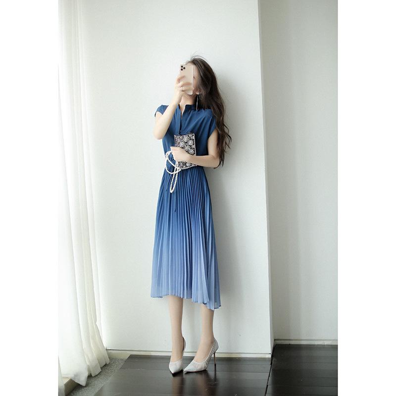 New French coffee break long dress temperament Muse Fan high sense green chiffon pleated dress women's summer