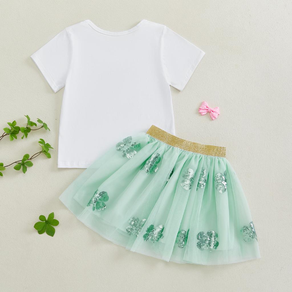 Toddler Girls 2Pcs Spring Outfits Short Sleeve Letter Print Sweatshirt + Tulle Skirt Set Kids Irish Clothes