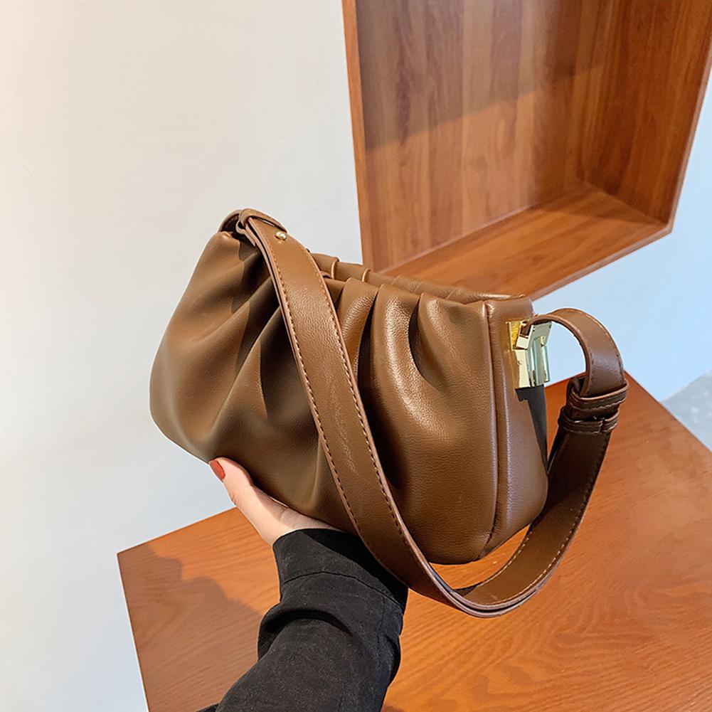 Women PU Fashion Shoulder Bag Solid Color Stylish Crossbody Bag Cloud Messenger Bag Ruched Clutch Purse Outdoor Travel Bag