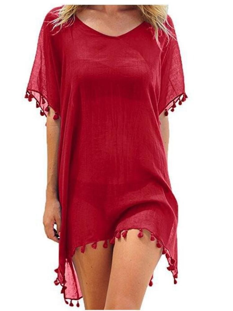 Women's Round-neck Loose Small Broom Fringed Chiffon Dress Beach Coverall Large Size Sexy in Stock