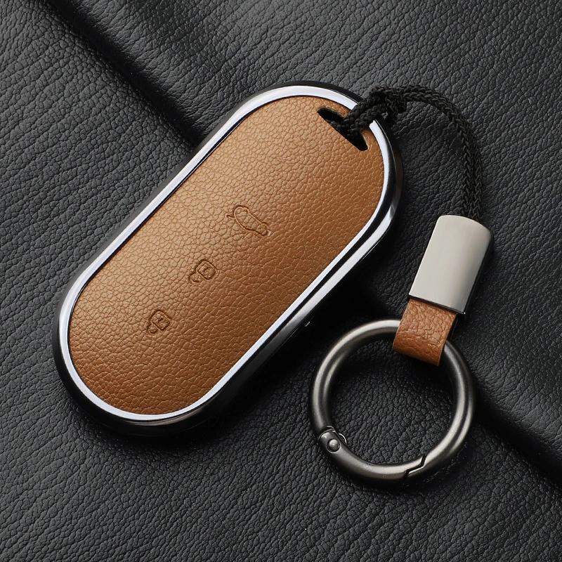 Aluminum Alloy Goatskin Car Key Case Cover For Huawei Aito M5 M7 Car Key Case Protect Fob