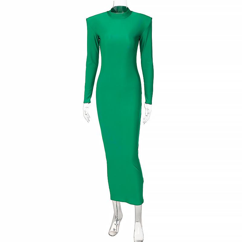 Vyztužená ramena Dlouhý rukáv Bodycon Green Party Club Maxi dlouhé šaty Jaro Podzim Ženy Móda Elegantní oblečení