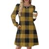 Women's Long Sleeve Pleated Round Neck Plaid Stripe Print Casual Dress With Pockets