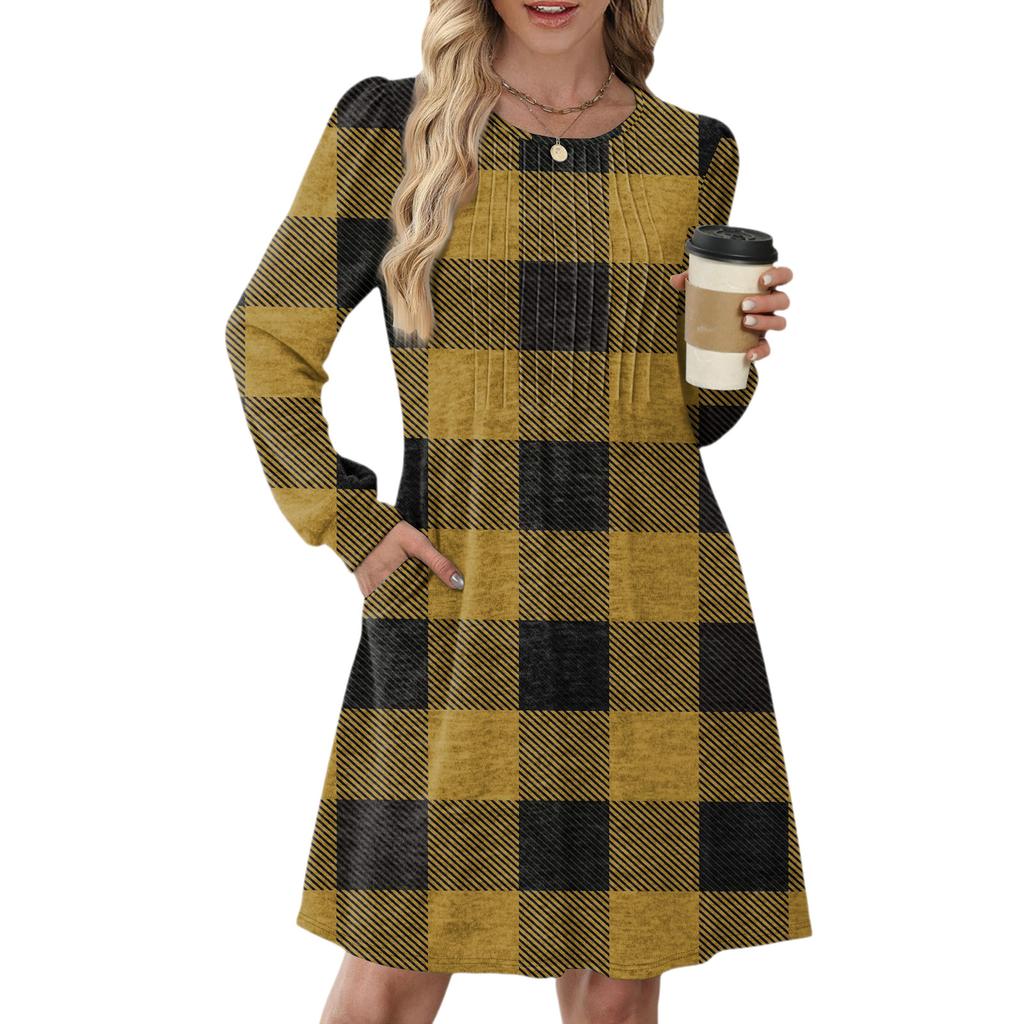Women's Long Sleeve Pleated Round Neck Plaid Stripe Print Casual Dress With Pockets