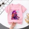 Cute Cartoon KPop Demon Hunters Pattern Kids Pink Sweater T-Shirt for Boys Girls Fashion Casual Tee