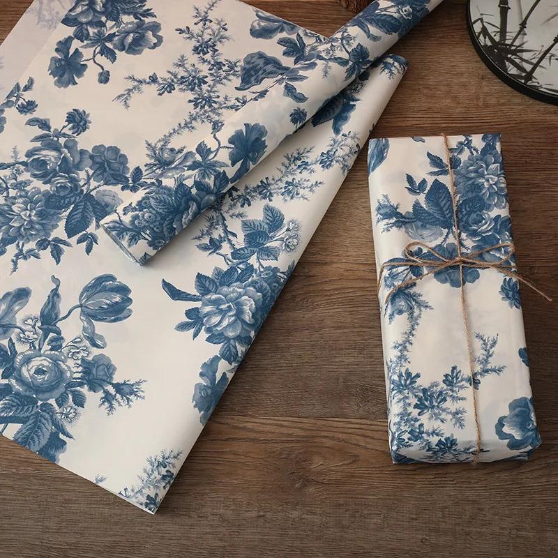 76x50 cm/5 pieces Chinese style blue and white peony painting print flower wrapping paper Classic art Vintage paper