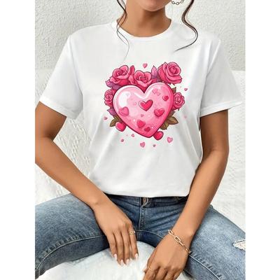 Europäische Größe Valentinstag Damen Freizeit Rundhals Kurzarm T-Shirt mit Rosa Herzaufdruck - Perfekte Wahl für Frühling und Sommer