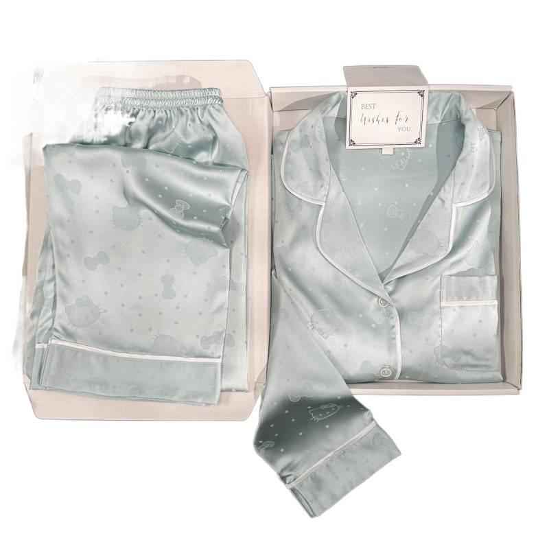 [Meow Meow] New ice silk pajamas women's streamer long-sleeved solid color jacquard KT high-end light luxury loungewear can be worn outside