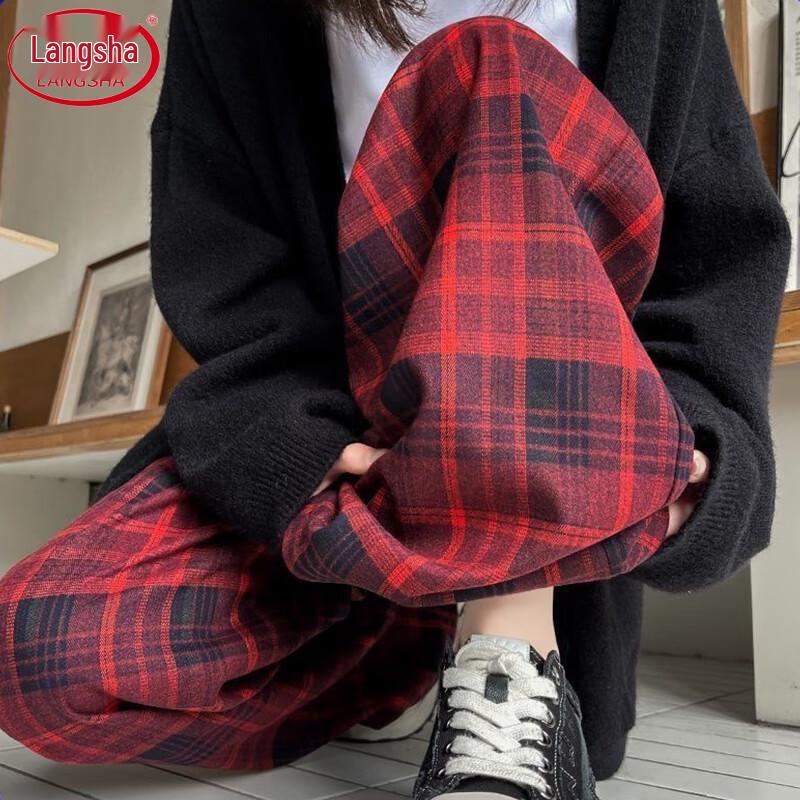Langsha Women s High-Waist Fleece-Lined Plaid Wide-Leg Pants L
