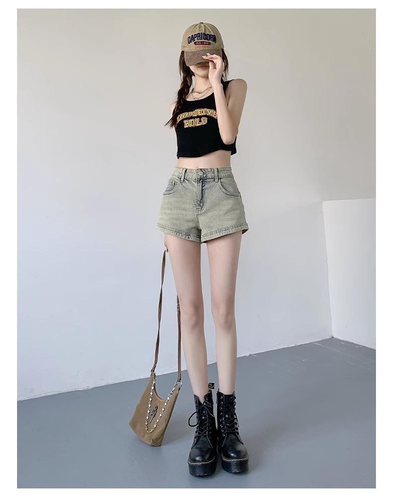 American Spicy Girl Women's High-Waist Denim Shorts, Summer 2024 - Slimming A-line Hot Pants, Washed Finish