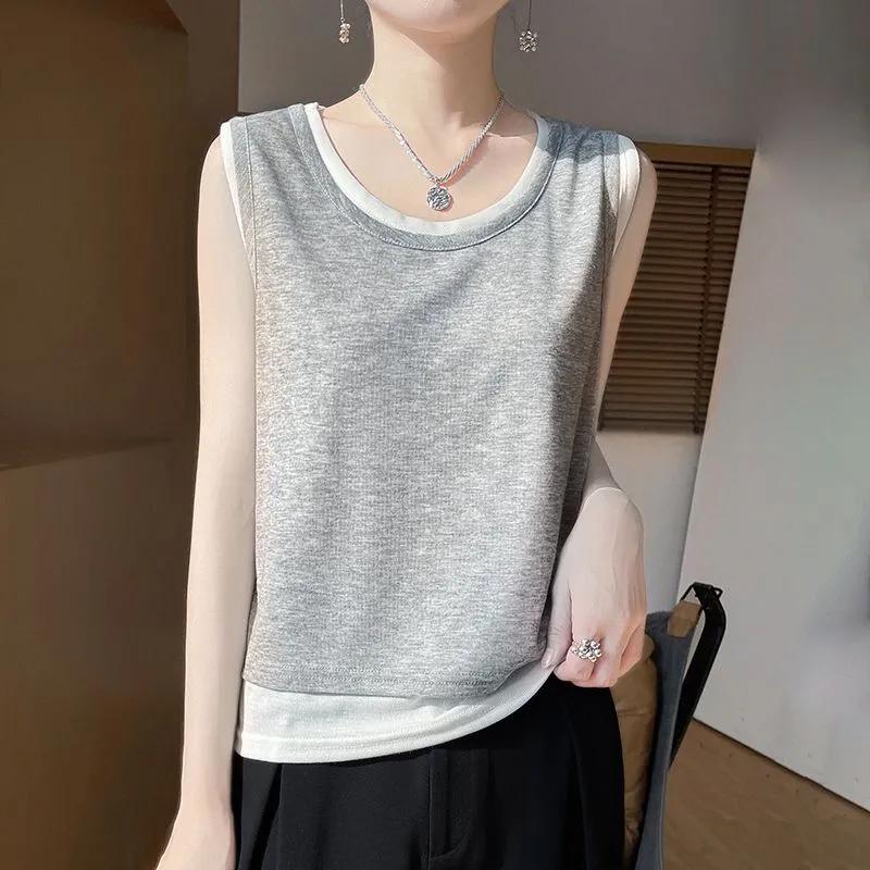 Women Gray White Contrast Trim Crew Neck Sleeveless Fake Two Piece Tank Top S серый