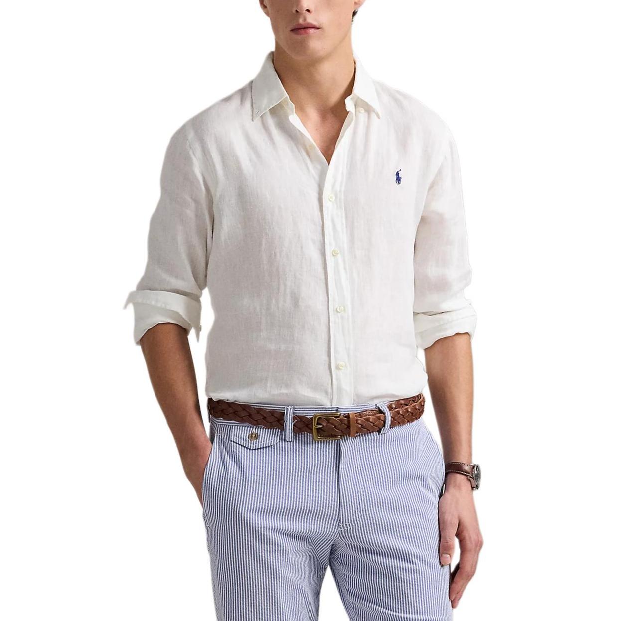 

Polo Ralph Lauren Ss25 Рубашка с длинным рукавом из хлопка и льна с вышивкой логотипа Pony Мужские рубашки Белый 710975540-001