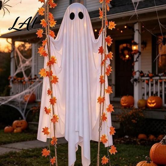 Autumn Porch Hanging Ornaments Halloween Swing Ghost Light Up Outdoor Swinging Ghost with Maple Leaf Remote Control Prop Vine Lights And for