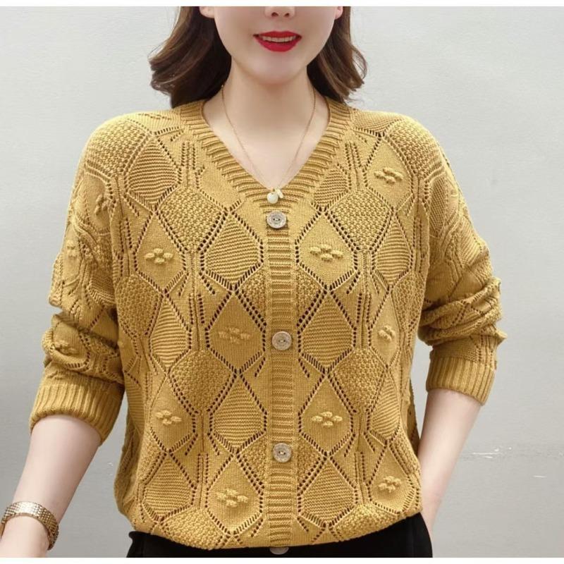 Knitted Sweater Women's Casual Loose Hollow V-neck Sweater, Thin Belly Cover Foreign Style Fashion Mother Outfit